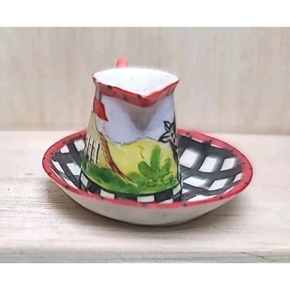 Vintage Miniature Cow Pitcher & Bowl Farmhouse Black White Checkered